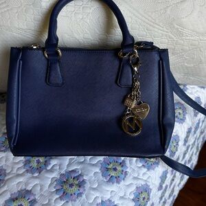 Navy Blue Textured Satchel with Double Handles MFK